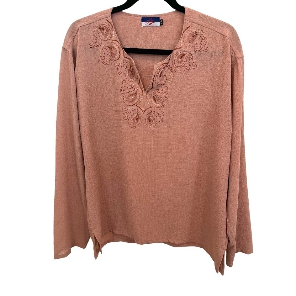 COOL Long Sleeve V-Neck Embroidered Lightweight Top Size XXL